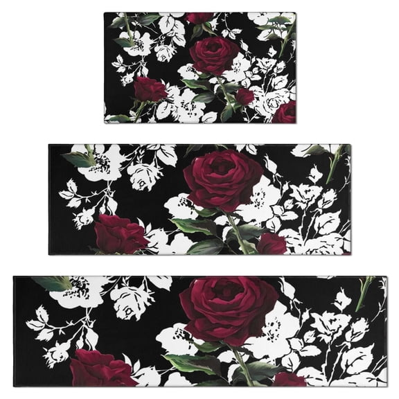 Pioneer Flower Floral Print Pattern Kitchen Rugs Sets Of 3,Kitchen Runner Rugs Non Skid Washable,Decorative Kitchen Floor Mats for Kitchen,Sink,Laundry,17"x30"+ 17"x47" + 17"x59"
