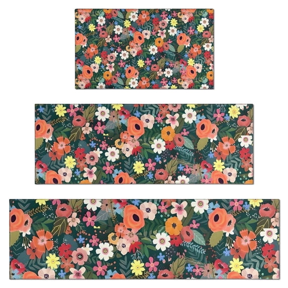 Pioneer Flower Floral Print Pattern Kitchen Rugs Sets Of 3,Kitchen Runner Rugs Non Skid Washable,Decorative Kitchen Floor Mats for Kitchen,Sink,Laundry,17"x30"+ 17"x47" + 17"x59"