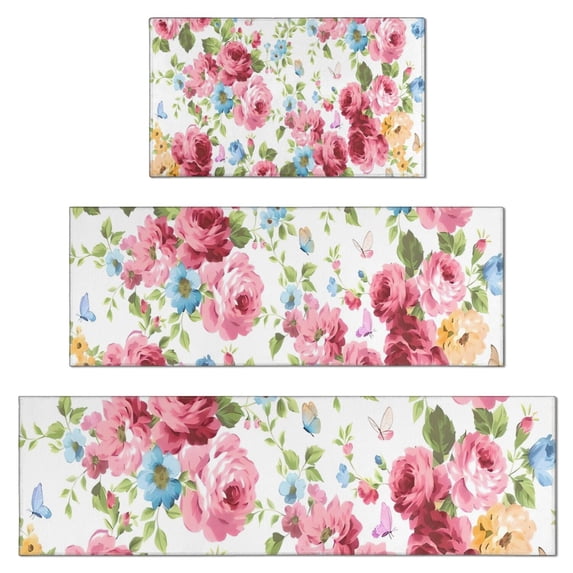 Pioneer Flower Floral Print Pattern Kitchen Rugs Sets Of 3,Kitchen Runner Rugs Non Skid Washable,Decorative Kitchen Floor Mats for Kitchen,Sink,Laundry,17"x30"+ 17"x47" + 17"x59"