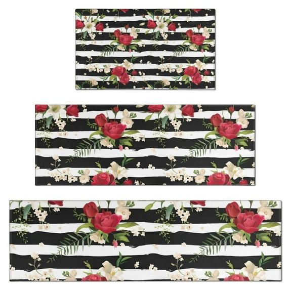 Pioneer Flower Floral Print Pattern Kitchen Rugs Sets Of 3,Kitchen Runner Rugs Non Skid Washable,Decorative Kitchen Floor Mats for Kitchen,Sink,Laundry,17"x30"+ 17"x47" + 17"x59"
