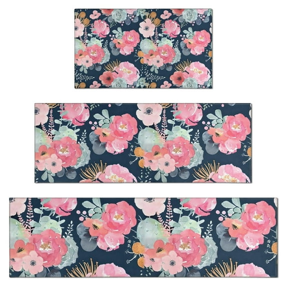 Pioneer Flower Floral Print Pattern Kitchen Rugs Sets Of 3,Kitchen Runner Rugs Non Skid Washable,Decorative Kitchen Floor Mats for Kitchen,Sink,Laundry,17"x30"+ 17"x47" + 17"x59"