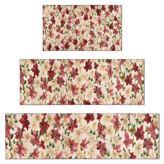 Pioneer Flower Floral Print Pattern Kitchen Rugs Sets Of 3,Kitchen Runner Rugs Non Skid Washable,Decorative Kitchen Floor Mats for Kitchen,Sink,Laundry,17"x30"+ 17"x47" + 17"x59"