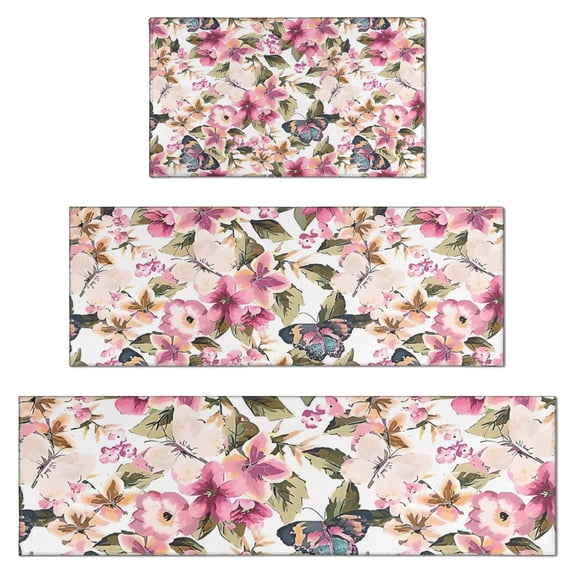 Pioneer Flower Floral Print Pattern Kitchen Rugs Sets Of 3,Kitchen Runner Rugs Non Skid Washable,Decorative Kitchen Floor Mats for Kitchen,Sink,Laundry,17"x30"+ 17"x47" + 17"x59"