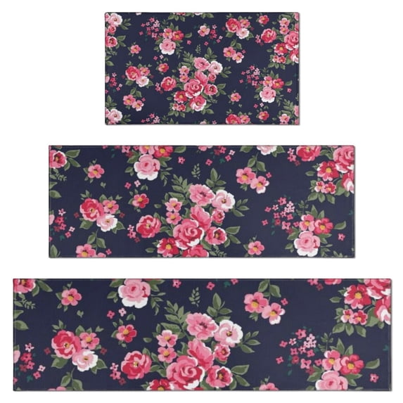 Pioneer Flower Floral Print Pattern Kitchen Rugs Sets Of 3,Kitchen Runner Rugs Non Skid Washable,Decorative Kitchen Floor Mats for Kitchen,Sink,Laundry,17"x30"+ 17"x47" + 17"x59"