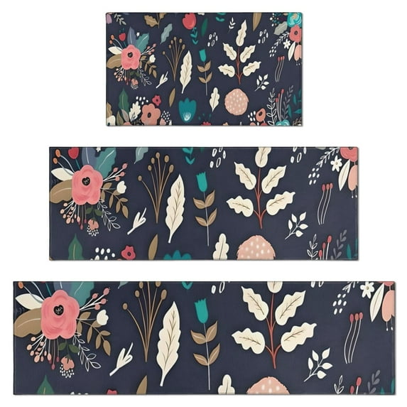 Pioneer Flower Floral Print Pattern Kitchen Rugs Sets Of 3,Kitchen Runner Rugs Non Skid Washable,Decorative Kitchen Floor Mats for Kitchen,Sink,Laundry,17"x30"+ 17"x47" + 17"x59"
