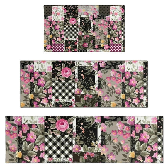 Pioneer Flower Floral Print Pattern Kitchen Rugs Sets Of 3,Kitchen Runner Rugs Non Skid Washable,Decorative Kitchen Floor Mats for Kitchen,Sink,Laundry,17"x30"+ 17"x47" + 17"x59"