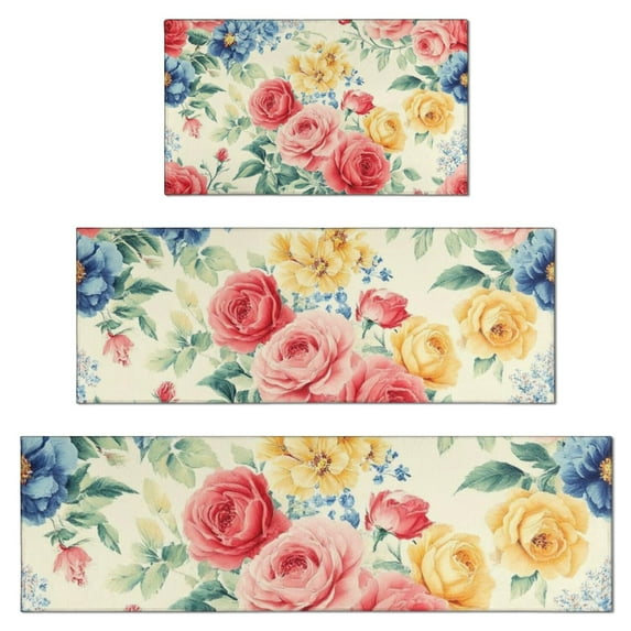 Pioneer Flower Floral Print Pattern Kitchen Rugs Sets Of 3,Kitchen Runner Rugs Non Skid Washable,Decorative Kitchen Floor Mats for Kitchen,Sink,Laundry,17"x30"+ 17"x47" + 17"x59"