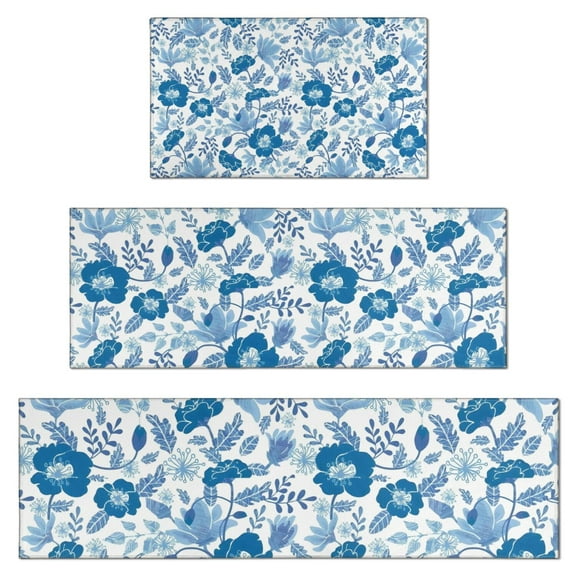 Pioneer Flower Floral Print Pattern Kitchen Rugs Sets Of 3,Kitchen Runner Rugs Non Skid Washable,Decorative Kitchen Floor Mats for Kitchen,Sink,Laundry,17"x30"+ 17"x47" + 17"x59"