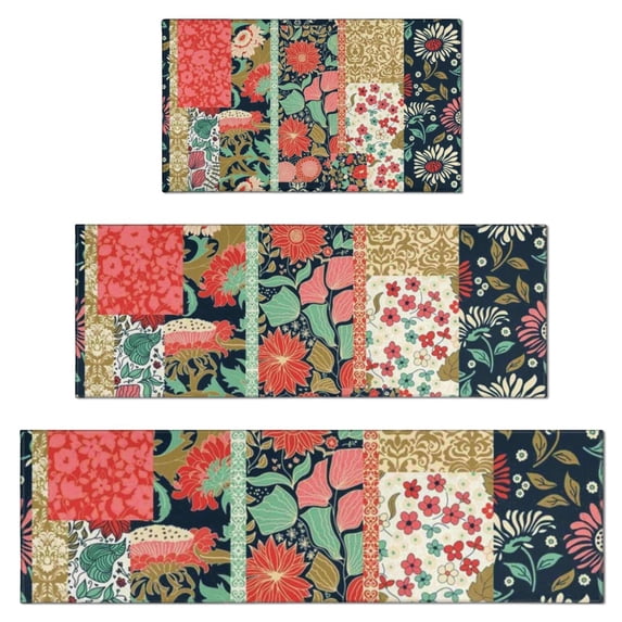 Pioneer Flower Floral Print Pattern Kitchen Rugs Sets Of 3,Kitchen Runner Rugs Non Skid Washable,Decorative Kitchen Floor Mats for Kitchen,Sink,Laundry,17"x30"+ 17"x47" + 17"x59"
