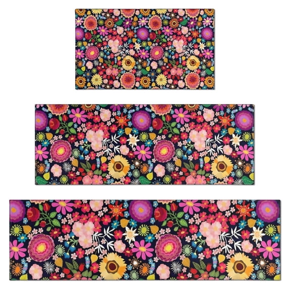 Pioneer Flower Floral Print Pattern Kitchen Rugs Sets Of 3,Kitchen Runner Rugs Non Skid Washable,Decorative Kitchen Floor Mats for Kitchen,Sink,Laundry,17"x30"+ 17"x47" + 17"x59"