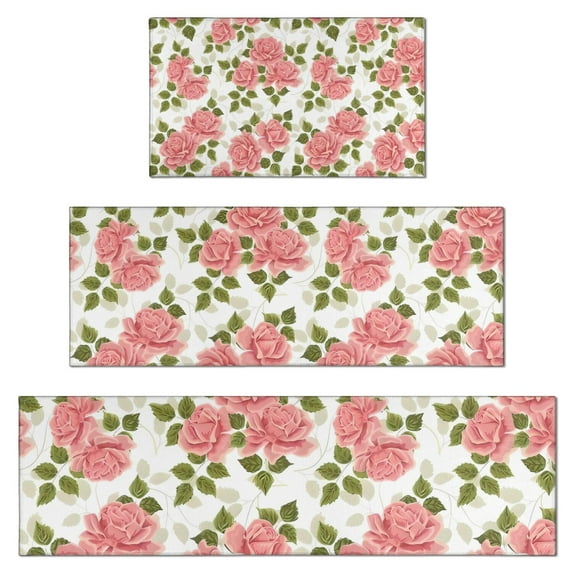 Pioneer Flower Floral Print Pattern Kitchen Rugs Sets Of 3,Kitchen Runner Rugs Non Skid Washable,Decorative Kitchen Floor Mats for Kitchen,Sink,Laundry,17"x30"+ 17"x47" + 17"x59"