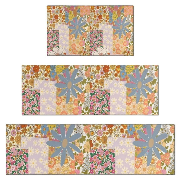 Pioneer Flower Floral Print Pattern Kitchen Rugs Sets Of 3,Kitchen Runner Rugs Non Skid Washable,Decorative Kitchen Floor Mats for Kitchen,Sink,Laundry,17"x30"+ 17"x47" + 17"x59"
