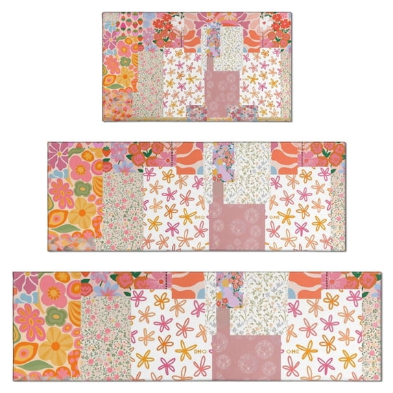 Pioneer Flower Floral Print Pattern Kitchen Rugs Sets Of 3,Kitchen Runner Rugs Non Skid Washable,Decorative Kitchen Floor Mats for Kitchen,Sink,Laundry,17"x30"+ 17"x47" + 17"x59"