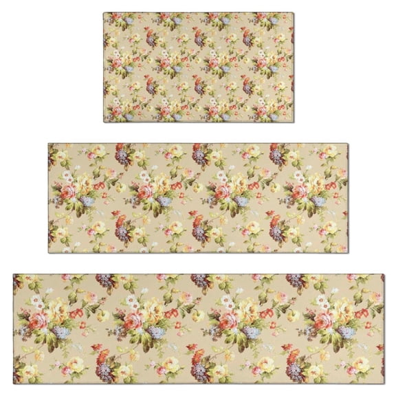 Pioneer Flower Floral Print Pattern Kitchen Rugs Sets Of 3,Kitchen Runner Rugs Non Skid Washable,Decorative Kitchen Floor Mats for Kitchen,Sink,Laundry,17"x30"+ 17"x47" + 17"x59"