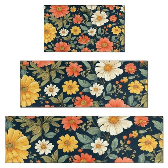 Pioneer Flower Floral Print Pattern Kitchen Rugs Sets Of 3,Kitchen Runner Rugs Non Skid Washable,Decorative Kitchen Floor Mats for Kitchen,Sink,Laundry,17"x30"+ 17"x47" + 17"x59"
