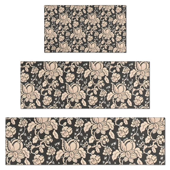 Pioneer Flower Floral Print Pattern Kitchen Rugs Sets Of 3,Kitchen Runner Rugs Non Skid Washable,Decorative Kitchen Floor Mats for Kitchen,Sink,Laundry,17"x30"+ 17"x47" + 17"x59"