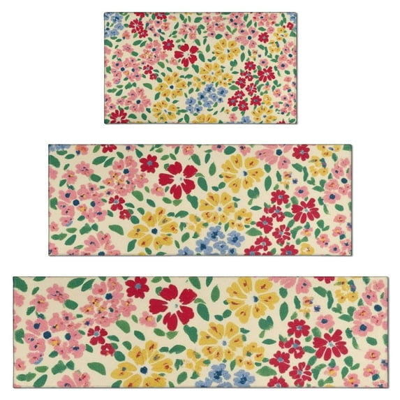 Pioneer Flower Floral Print Pattern Kitchen Rugs Sets Of 3,Kitchen Runner Rugs Non Skid Washable,Decorative Kitchen Floor Mats for Kitchen,Sink,Laundry,17"x30"+ 17"x47" + 17"x59"