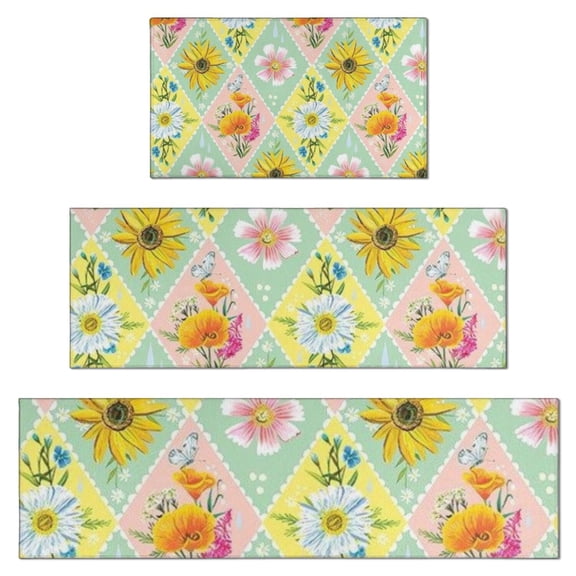 Pioneer Flower Floral Print Pattern Kitchen Rugs Sets Of 3,Kitchen Runner Rugs Non Skid Washable,Decorative Kitchen Floor Mats for Kitchen,Sink,Laundry,17"x30"+ 17"x47" + 17"x59"