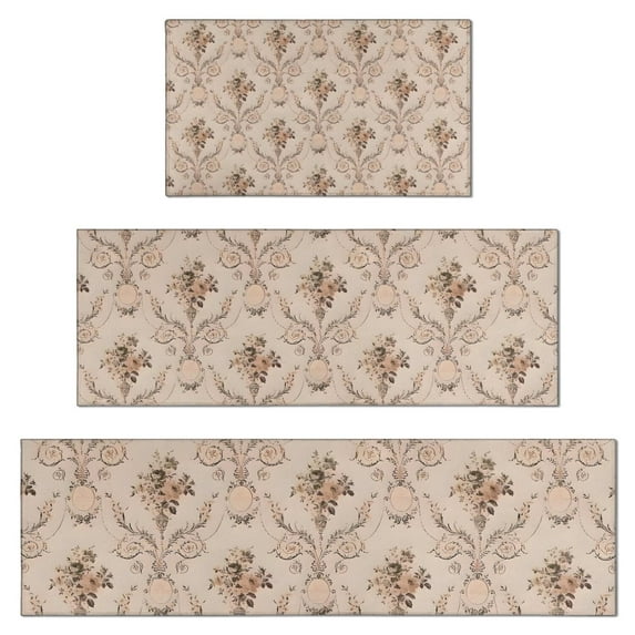 Pioneer Flower Floral Print Pattern Kitchen Rugs Sets Of 3,Kitchen Runner Rugs Non Skid Washable,Decorative Kitchen Floor Mats for Kitchen,Sink,Laundry,17"x30"+ 17"x47" + 17"x59"