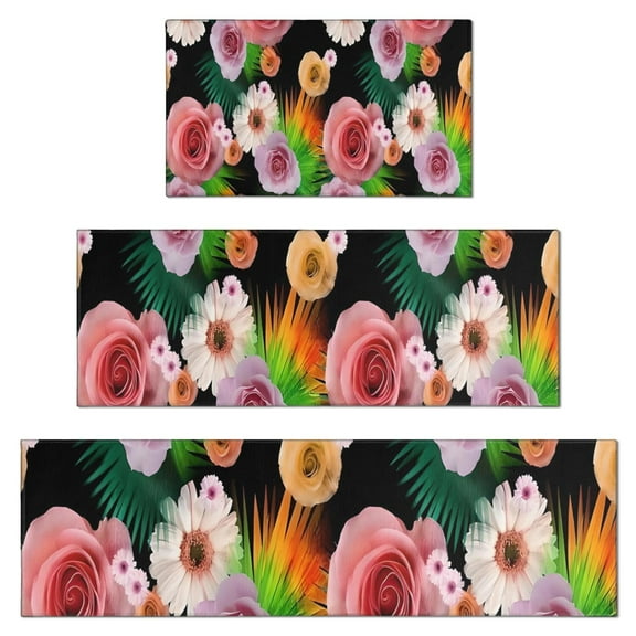 Pioneer Flower Floral Print Pattern Kitchen Rugs Sets Of 3,Kitchen Runner Rugs Non Skid Washable,Decorative Kitchen Floor Mats for Kitchen,Sink,Laundry,17"x30"+ 17"x47" + 17"x59"