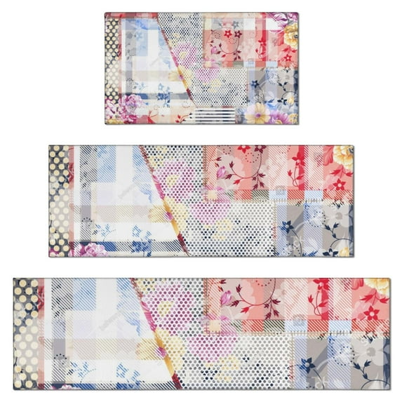 Pioneer Flower Floral Print Pattern Kitchen Rugs Sets Of 3,Kitchen Runner Rugs Non Skid Washable,Decorative Kitchen Floor Mats for Kitchen,Sink,Laundry,17"x30"+ 17"x47" + 17"x59"