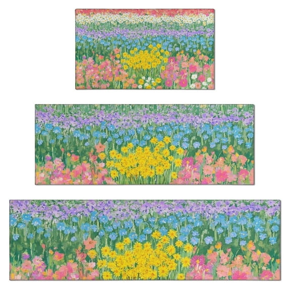 Pioneer Flower Floral Print Pattern Kitchen Rugs Sets Of 3,Kitchen Runner Rugs Non Skid Washable,Decorative Kitchen Floor Mats for Kitchen,Sink,Laundry,17"x30"+ 17"x47" + 17"x59"