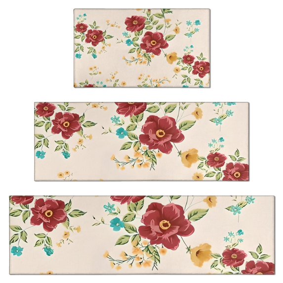 Pioneer Flower Floral Print Pattern Kitchen Rugs Sets Of 3,Kitchen Runner Rugs Non Skid Washable,Decorative Kitchen Floor Mats for Kitchen,Sink,Laundry,17"x30"+ 17"x47" + 17"x59"