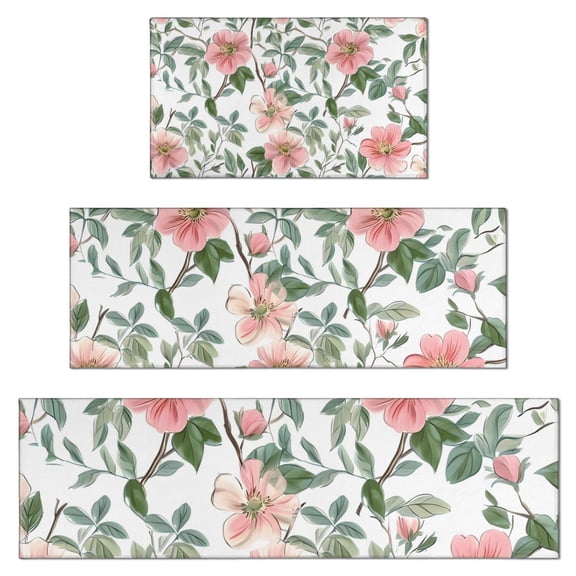 Pioneer Flower Floral Print Pattern Kitchen Rugs Sets Of 3,Kitchen Runner Rugs Non Skid Washable,Decorative Kitchen Floor Mats for Kitchen,Sink,Laundry,17"x30"+ 17"x47" + 17"x59"