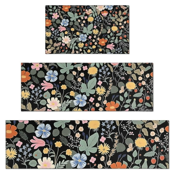 Pioneer Flower Floral Print Pattern Kitchen Rugs Sets Of 3,Kitchen Runner Rugs Non Skid Washable,Decorative Kitchen Floor Mats for Kitchen,Sink,Laundry,17"x30"+ 17"x47" + 17"x59"