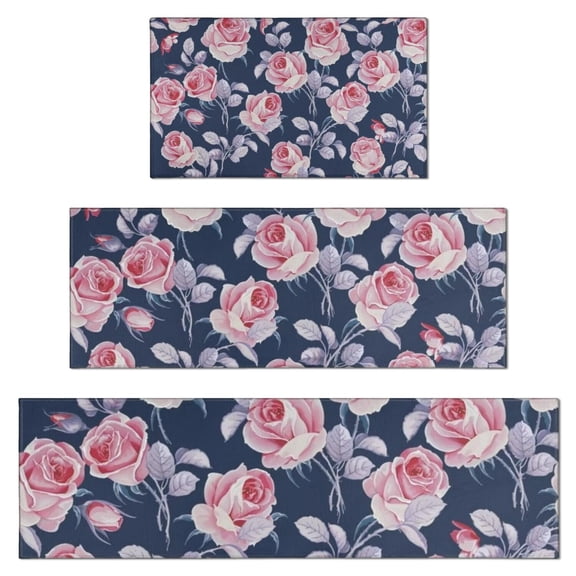 Pioneer Flower Floral Print Pattern Kitchen Rugs Sets Of 3,Kitchen Runner Rugs Non Skid Washable,Decorative Kitchen Floor Mats for Kitchen,Sink,Laundry,17"x30"+ 17"x47" + 17"x59"