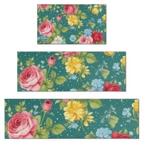 Pioneer Flower Floral Print Pattern Kitchen Rugs Sets Of 3,Kitchen Runner Rugs Non Skid Washable,Decorative Kitchen Floor Mats for Kitchen,Sink,Laundry,17"x30"  17"x47"   17"x59"