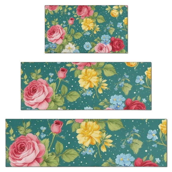 Pioneer Flower Floral Print Pattern Kitchen Rugs Sets Of 3,Kitchen Runner Rugs Non Skid Washable,Decorative Kitchen Floor Mats for Kitchen,Sink,Laundry,17"x30"+ 17"x47" + 17"x59"