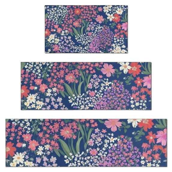 Pioneer Flower Floral Print Pattern Kitchen Rugs Sets Of 3,Kitchen Runner Rugs Non Skid Washable,Decorative Kitchen Floor Mats for Kitchen,Sink,Laundry,17"x30"+ 17"x47" + 17"x59"
