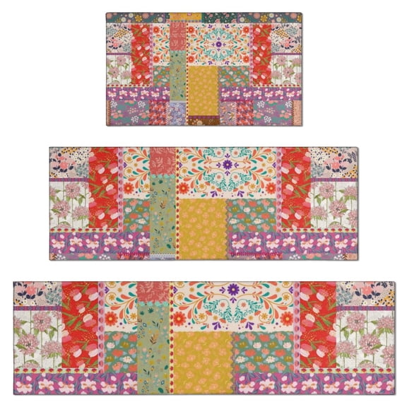 Pioneer Flower Floral Print Pattern Kitchen Rugs Sets Of 3,Kitchen Runner Rugs Non Skid Washable,Decorative Kitchen Floor Mats for Kitchen,Sink,Laundry,17"x30"+ 17"x47" + 17"x59"