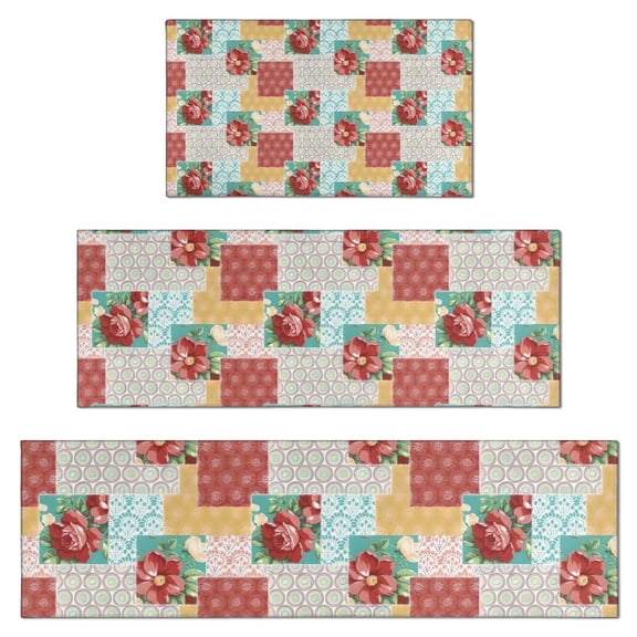 Pioneer Flower Floral Print Pattern Kitchen Rugs Sets Of 3,Kitchen Runner Rugs Non Skid Washable,Decorative Kitchen Floor Mats for Kitchen,Sink,Laundry,17"x30"+ 17"x47" + 17"x59"