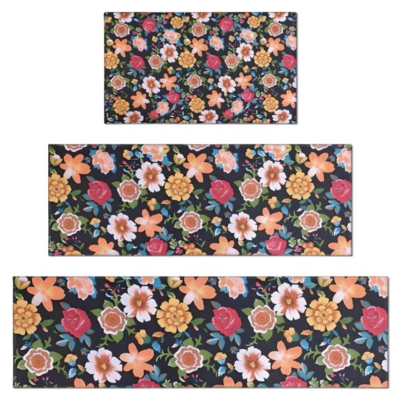 Pioneer Flower Floral Print Pattern Kitchen Rugs Sets Of 3,Kitchen Runner Rugs Non Skid Washable,Decorative Kitchen Floor Mats for Kitchen,Sink,Laundry,17"x30"+ 17"x47" + 17"x59"