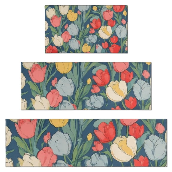 Pioneer Flower Floral Print Pattern Kitchen Rugs Sets Of 3,Kitchen Runner Rugs Non Skid Washable,Decorative Kitchen Floor Mats for Kitchen,Sink,Laundry,17"x30"+ 17"x47" + 17"x59"