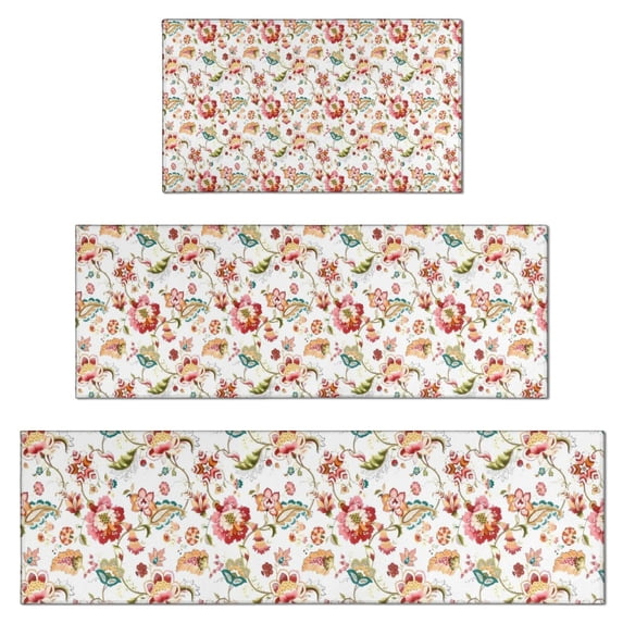 Pioneer Flower Floral Print Pattern Kitchen Rugs Sets Of 3,Kitchen Runner Rugs Non Skid Washable,Decorative Kitchen Floor Mats for Kitchen,Sink,Laundry,17"x30"+ 17"x47" + 17"x59"