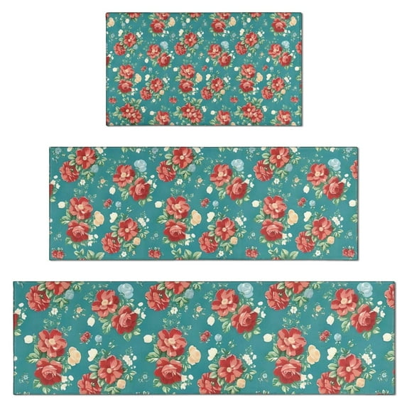 Pioneer Flower Floral Print Pattern Kitchen Rugs Sets Of 3,Kitchen Runner Rugs Non Skid Washable,Decorative Kitchen Floor Mats for Kitchen,Sink,Laundry,17"x30"+ 17"x47" + 17"x59"
