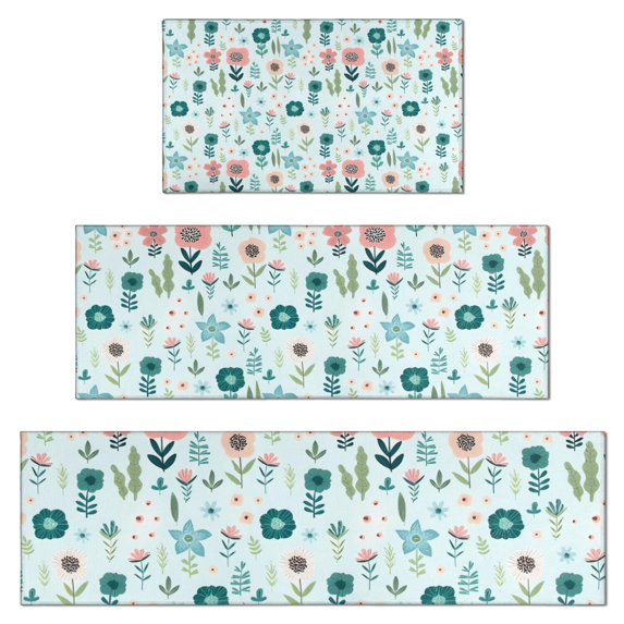 Pioneer Flower Floral Print Pattern Kitchen Rugs Sets Of 3,Kitchen Runner Rugs Non Skid Washable,Decorative Kitchen Floor Mats for Kitchen,Sink,Laundry,17"x30"+ 17"x47" + 17"x59"