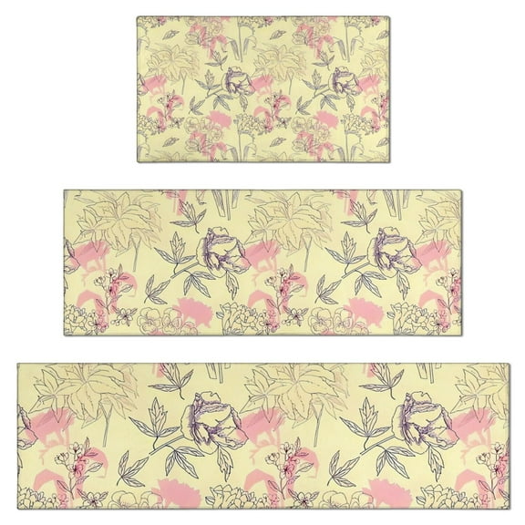 Pioneer Flower Floral Print Pattern Kitchen Rugs Sets Of 3,Kitchen Runner Rugs Non Skid Washable,Decorative Kitchen Floor Mats for Kitchen,Sink,Laundry,17"x30"+ 17"x47" + 17"x59"