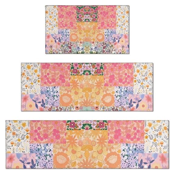 Pioneer Flower Floral Print Pattern Kitchen Rugs Sets Of 3,Kitchen Runner Rugs Non Skid Washable,Decorative Kitchen Floor Mats for Kitchen,Sink,Laundry,17"x30"+ 17"x47" + 17"x59"