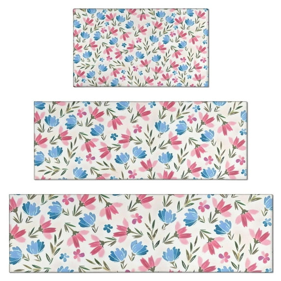 Pioneer Flower Floral Print Pattern Kitchen Rugs Sets Of 3,Kitchen Runner Rugs Non Skid Washable,Decorative Kitchen Floor Mats for Kitchen,Sink,Laundry,17"x30"+ 17"x47" + 17"x59"