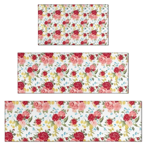 Pioneer Flower Floral Print Pattern Kitchen Rugs Sets Of 3,Kitchen Runner Rugs Non Skid Washable,Decorative Kitchen Floor Mats for Kitchen,Sink,Laundry,17"x30"+ 17"x47" + 17"x59"