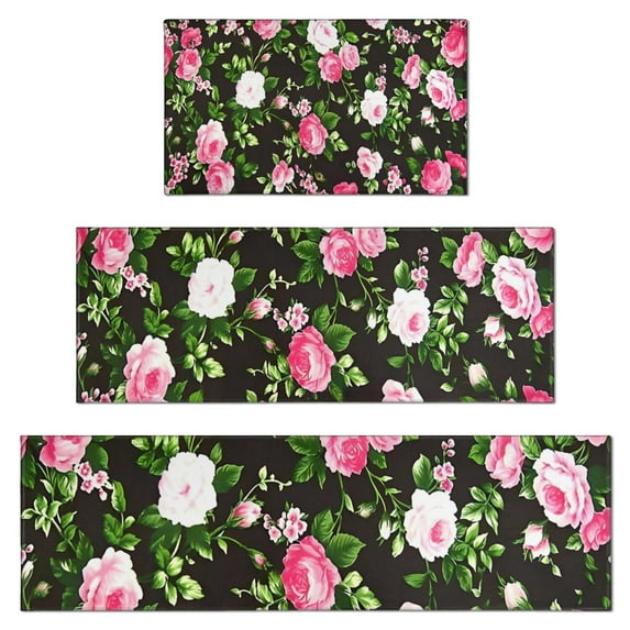 Pioneer Flower Floral Print Pattern Kitchen Rugs Sets Of 3,Kitchen Runner Rugs Non Skid Washable,Decorative Kitchen Floor Mats for Kitchen,Sink,Laundry,17"x30"+ 17"x47" + 17"x59"