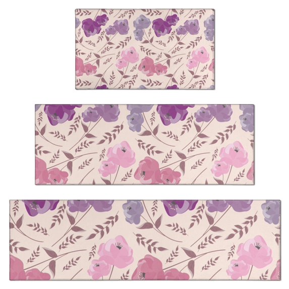 Pioneer Flower Floral Print Pattern Kitchen Rugs Sets Of 3,Kitchen Runner Rugs Non Skid Washable,Decorative Kitchen Floor Mats for Kitchen,Sink,Laundry,17"x30"+ 17"x47" + 17"x59"