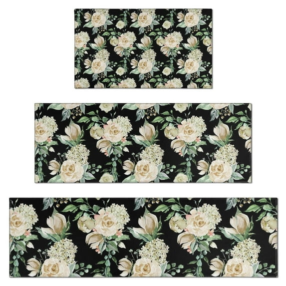 Pioneer Flower Floral Print Pattern Kitchen Rugs Sets Of 3,Kitchen Runner Rugs Non Skid Washable,Decorative Kitchen Floor Mats for Kitchen,Sink,Laundry,17"x30"+ 17"x47" + 17"x59"