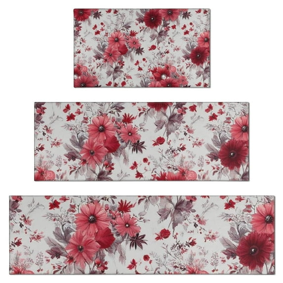 Pioneer Flower Floral Print Pattern Kitchen Rugs Sets Of 3,Kitchen Runner Rugs Non Skid Washable,Decorative Kitchen Floor Mats for Kitchen,Sink,Laundry,17"x30"+ 17"x47" + 17"x59"