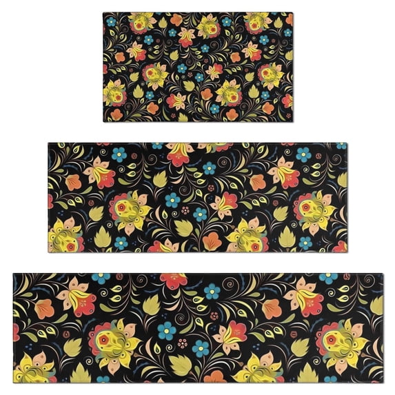 Pioneer Flower Floral Print Pattern Kitchen Rugs Sets Of 3,Kitchen Runner Rugs Non Skid Washable,Decorative Kitchen Floor Mats for Kitchen,Sink,Laundry,17"x30"+ 17"x47" + 17"x59"