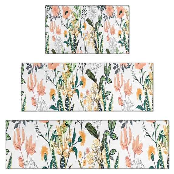 Pioneer Flower Floral Print Pattern Kitchen Rugs Sets Of 3,Kitchen Runner Rugs Non Skid Washable,Decorative Kitchen Floor Mats for Kitchen,Sink,Laundry,17"x30"+ 17"x47" + 17"x59"